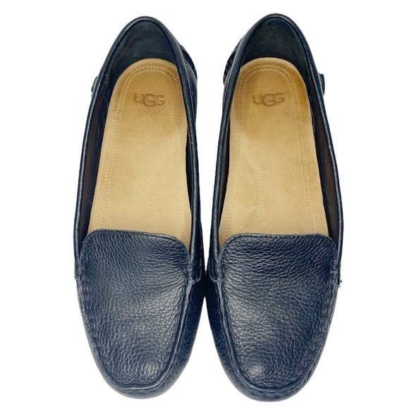 UGG Women's Flores Black Leather Moccasin Flats Size 7.5 round toe slip on flats - Picture 8 of 12